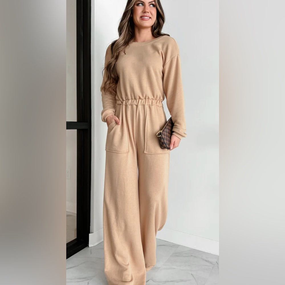 Win Win Cozy Refuge Long Sleeve Wide Leg Jumpsuit (Taupe) Large